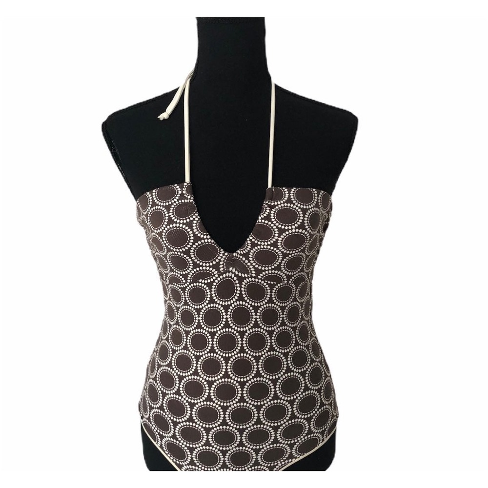 Touche Brown White Geometric Circle  Halter One Piece‎ Swimsuit Open Back V-Neck